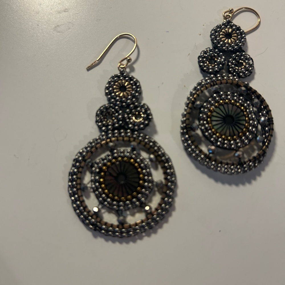 Bronze and Silver Beaded Dangle Earrings Boho Statement